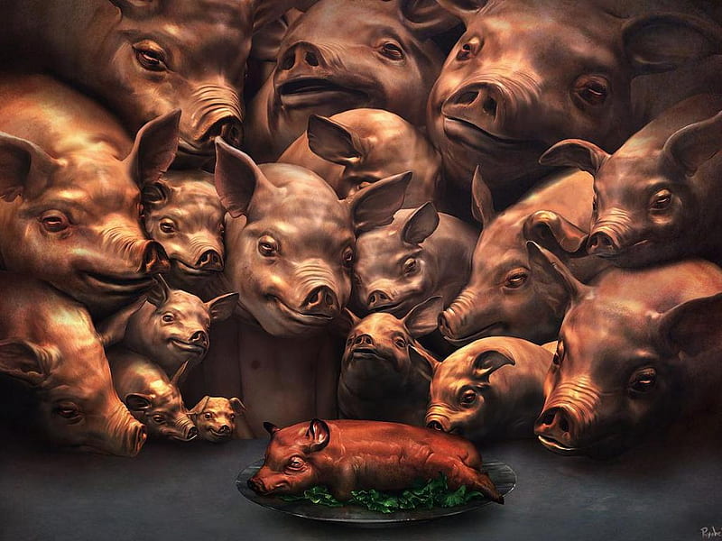 STRANGE DINNER GUEST'S, dinner, pork, fantasy, pigs, abstract, swine, HD wallpaper