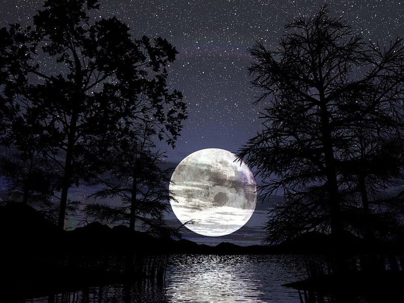 Bluemoon Starlight Night Big Moon Trees Sky Lake Mountain Pontoon Blue Moon Hd Wallpaper Peakpx