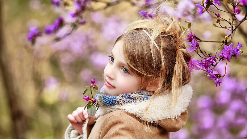 Beautiful Blue Eyes Cute Little Girl Is Wearing Brown Dress Standing In Light Purple Flowers Background Cute, HD wallpaper