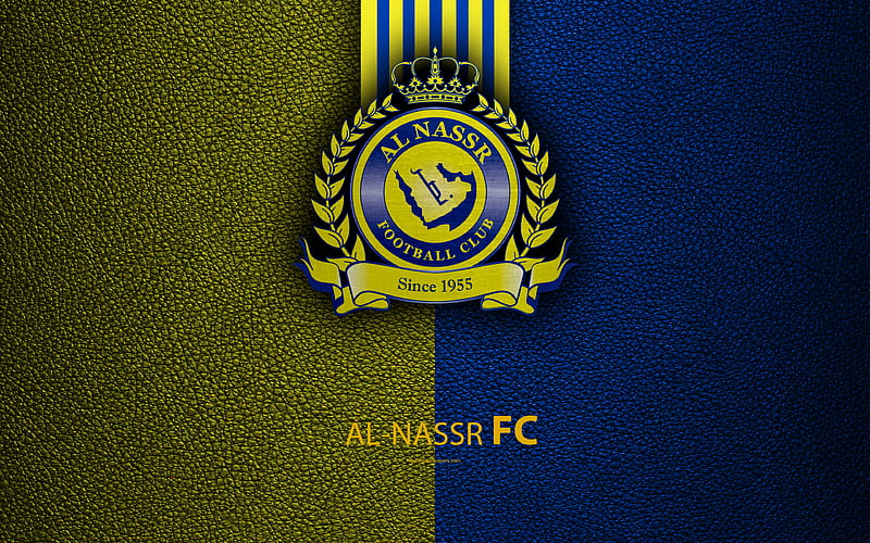 Al-Nassr FC Saudi Football Club, leather texture, logo, yellow-blue lines, Saudi Professional League, Riyadh, Saudi Arabia, football, HD wallpaper