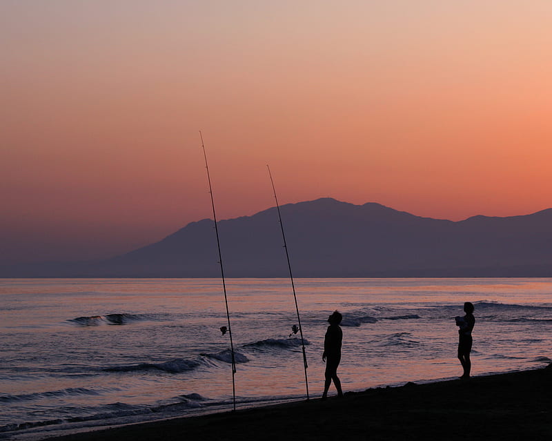 Fishing For Dinner, beach, silhouette, sunset, HD wallpaper
