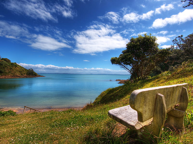 Inspiration Lookout, grass, ocean, bench, sky, sea, lookout, water, nature, inspiration, HD wallpaper