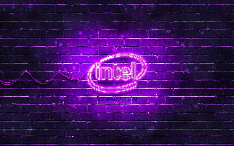 Intel violet logo violet brickwall, Intel logo, brands, Intel neon logo, Intel, HD wallpaper