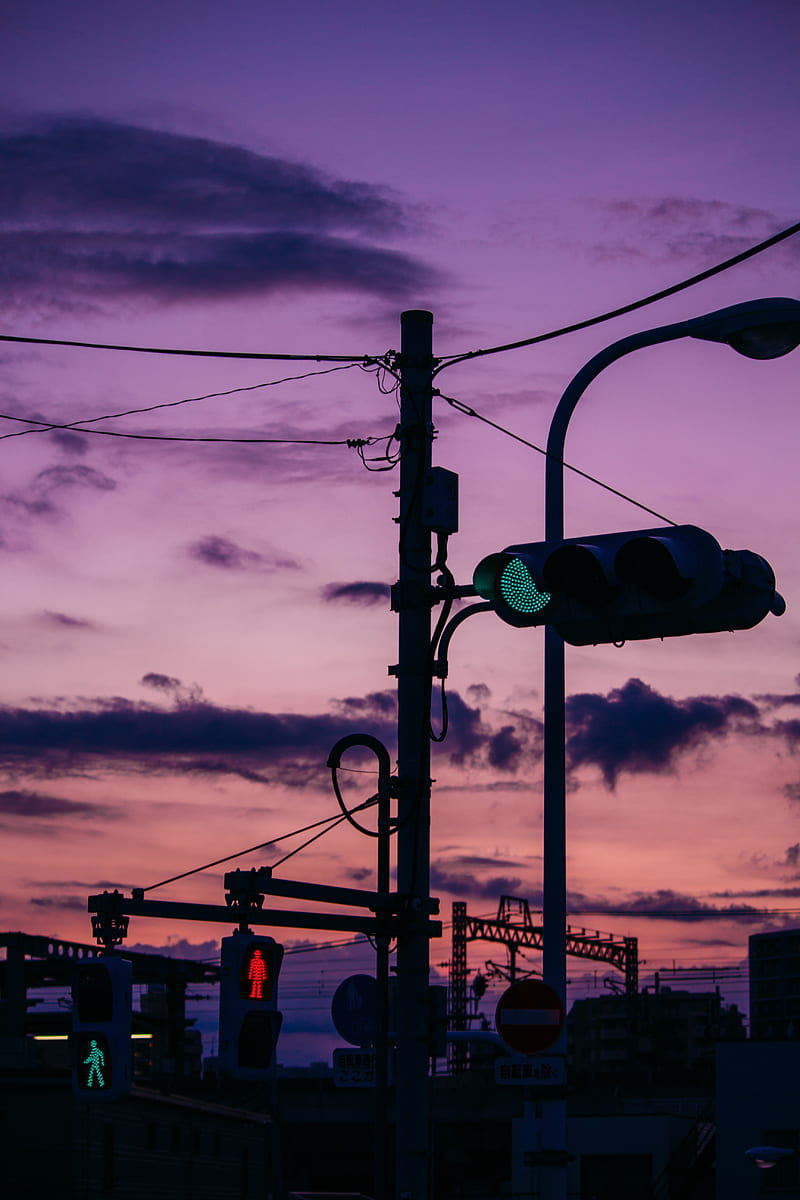 traffic light, wires, dusk, evening, HD phone wallpaper