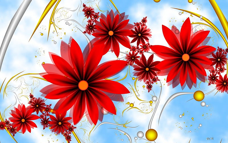 Floater, red, flowers, sky, clouds, HD wallpaper