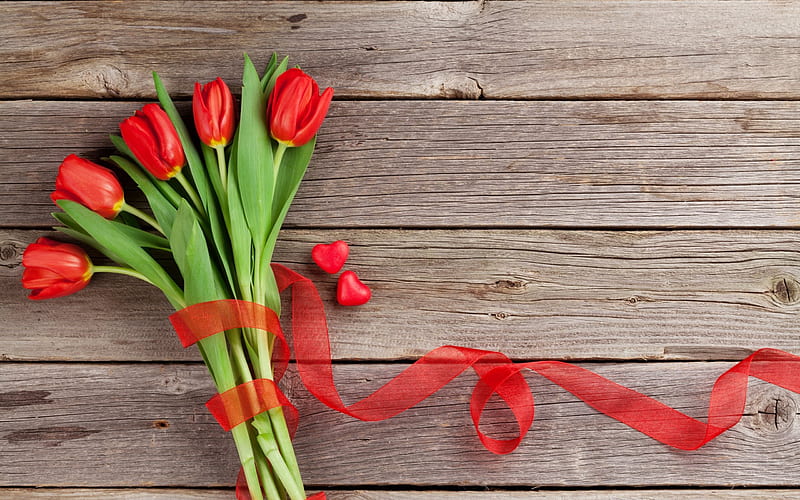 bouquet of tulips, romance, red tulips, red ribbon, red heart, Valentines Day, HD wallpaper