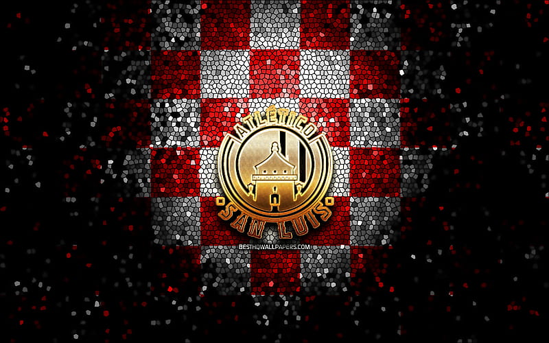 Atletico San Luis FC, glitter logo, Liga MX, red white checkered background, soccer, mexican football club, Atletico San Luis logo, mosaic art, football, Atletico San Luis, HD wallpaper