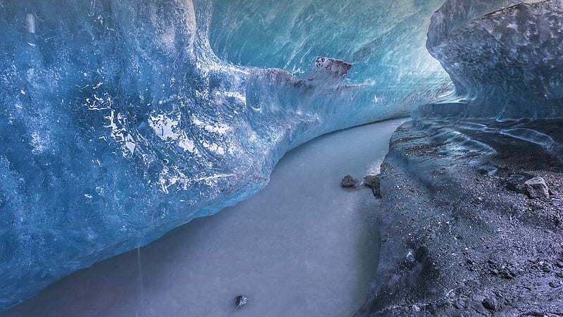 Ice tunnel and river, USA, glacier, Alaska, rock, ice, river, tunnel, frozen, HD wallpaper