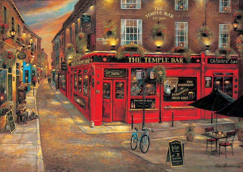Ireland Temple Bar, city, restaurant, houses, painting, artwork, HD wallpaper