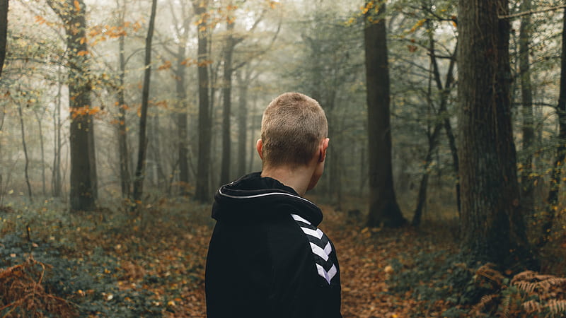 man in black and white adidas jacket standing on forest during daytime, HD wallpaper