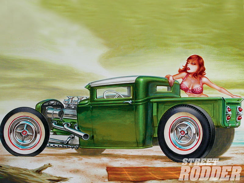Emerald Tide, woman, hotrod, ford, car, painting, hot, classic, street, vintage, art, rod, sexy, antique, girl, drawing, rat, truck, HD wallpaper