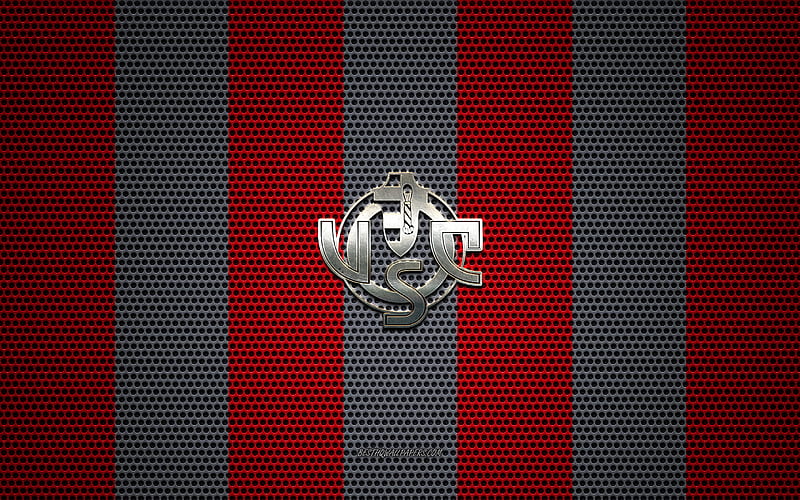 US Cremonese logo, Italian football club, metal emblem, red-gray metal mesh background, US Cremonese, Serie B, Cremona, Italy, football, HD wallpaper