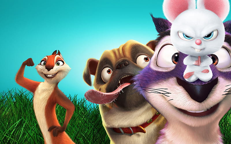 The Nut Job 2, Nutty by Nature, all the characters, pug, rabbit, squirrel, HD wallpaper