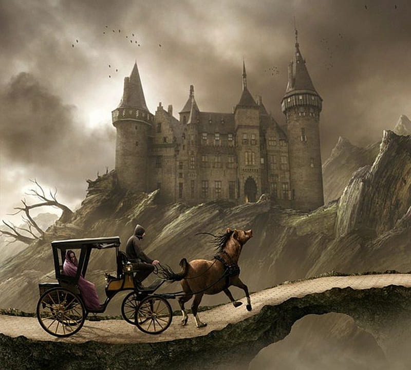 fairy castle, coachman, castle, horses, phaeton, HD wallpaper
