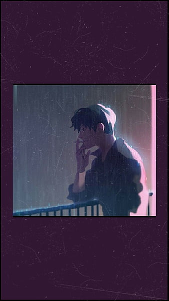 Anime eboy smoking in the rain