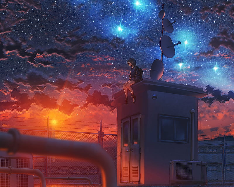 Anime, Original, Girl, Starry Sky, Sunset, HD wallpaper