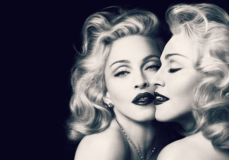 Madonna, black, blonde, woman, singer, girl, bw, actress, reflexion, mirror, white, HD wallpaper