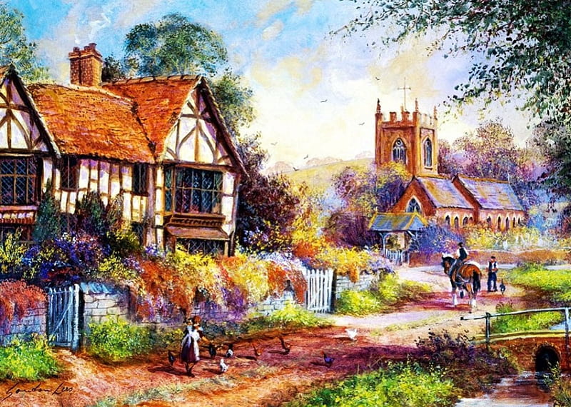 Lovely Village, people, houses, painting, poultry, path, trees, horse, artwork, HD wallpaper