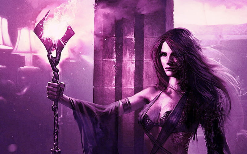 The purple light, lantern, sorceress, black, woman, fantasy, girl, purple, vampire, pink, light, creature, HD wallpaper