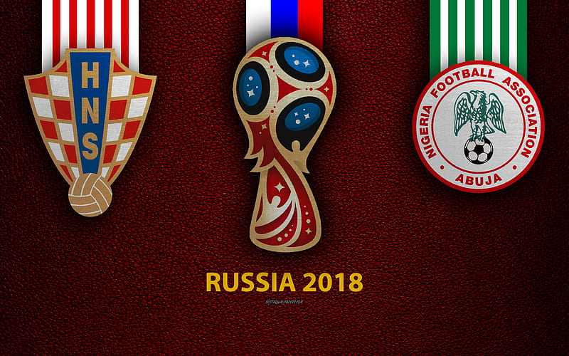 Croatia vs Nigeria Group D, football, 16 June 2018, logos, 2018 FIFA World Cup, Russia 2018, burgundy leather texture, Russia 2018 logo, cup, Croatia, Nigeria, national teams, football match, HD wallpaper