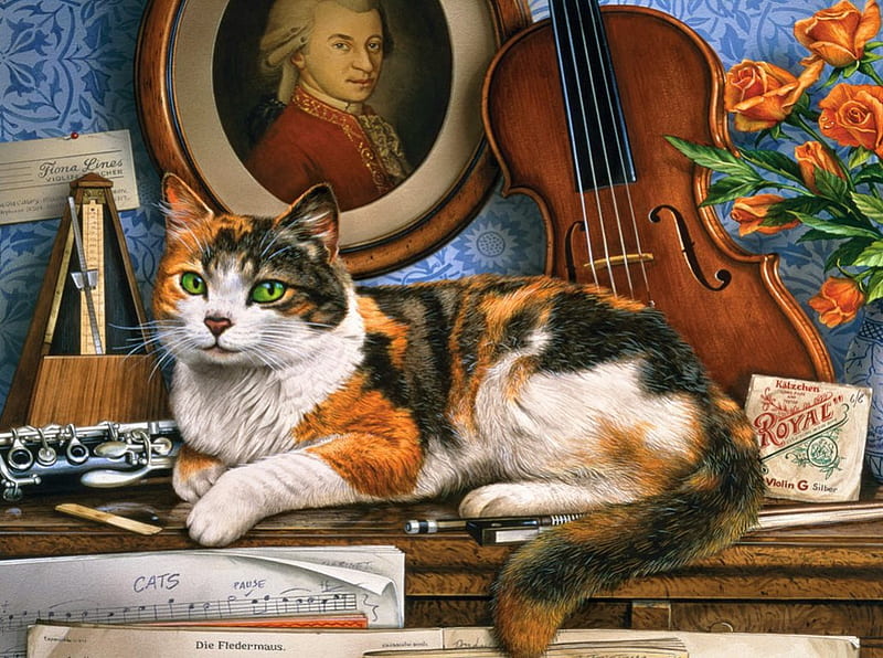 Musical cat, art, composer, music, painting, home, flowers, cat, HD wallpaper