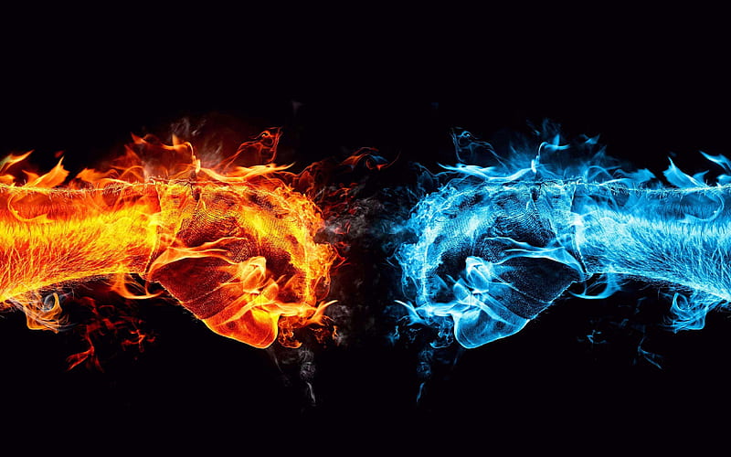 fire vs water, battle, 3D art, creative, fire flames, water, black backgrounds, two hands, HD wallpaper