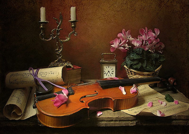 still life, pretty, notes, book, bonito, old, candlestick, graphy, nice, flowers, beauty, pink, harmony, candle, violin, lovely, romance, music, clock, elegantly, candles, cool, flower, petals, HD wallpaper