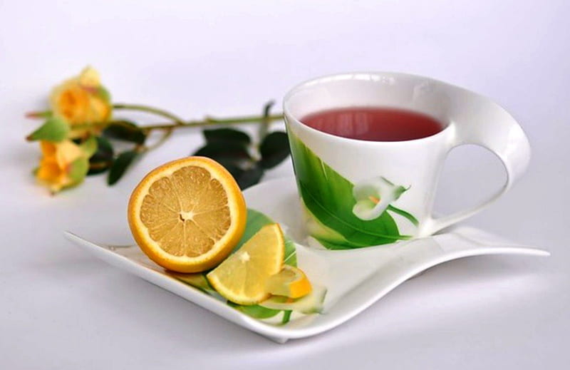 Tea with lemon, saucer, rose, yellow, abstract, elegant, lemon, fruit, still life, graphy, cup, flower, white, HD wallpaper