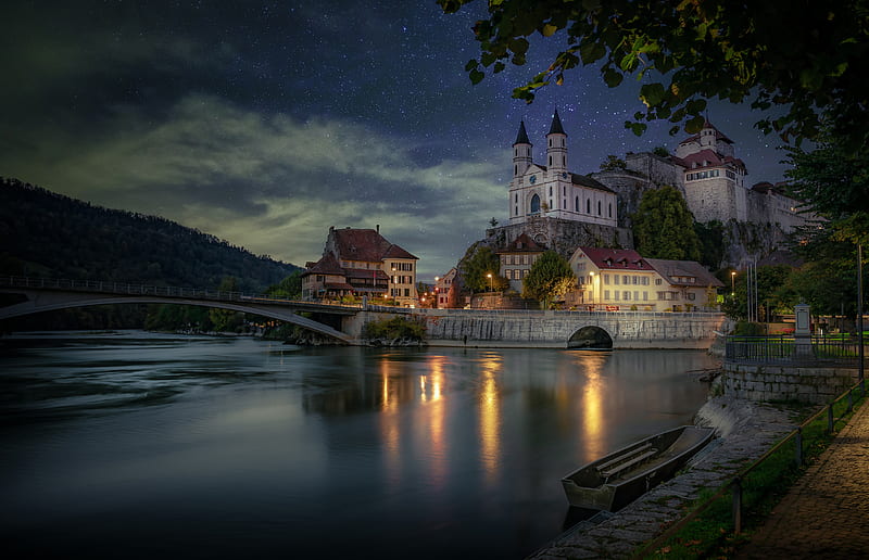 Castles, Castle, Boat, Building, Church, River, Sky, Switzerland, HD wallpaper