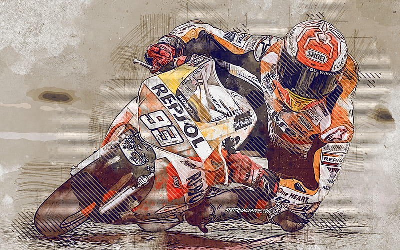 Marc Marquez, Spanish motorcycle racer, MotoGP, LCR Honda Castrol, Honda RC213V, grunge art, creative art, Honda, racing, HD wallpaper