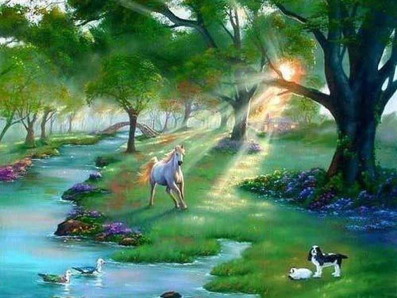 Land of Dreams, ducks, bonito, horse, lake, tree, flowers, land, sunshine, dog, HD wallpaper