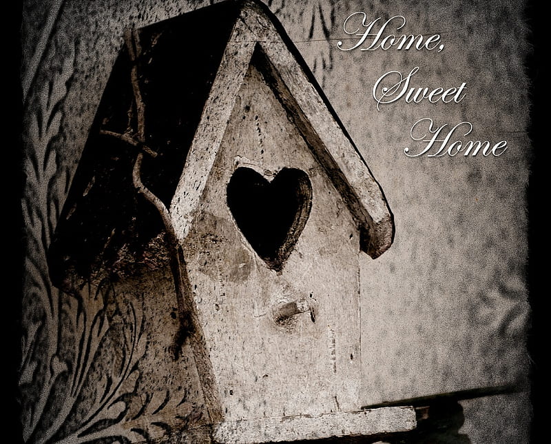 HOME... SWEET HOME, cute, bird house, sepia, heart, texture, home, HD wallpaper