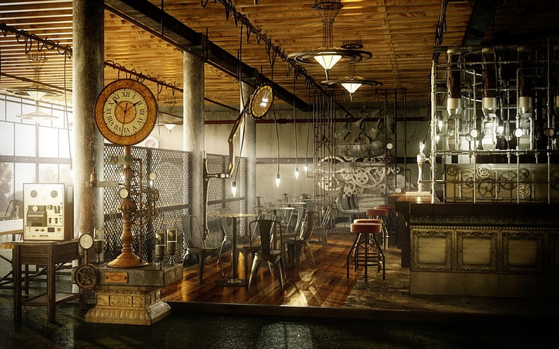 Steampunk Cafe, Cafe, Brown, Steampunk, Clocks, Lights, Fantasy, HD wallpaper