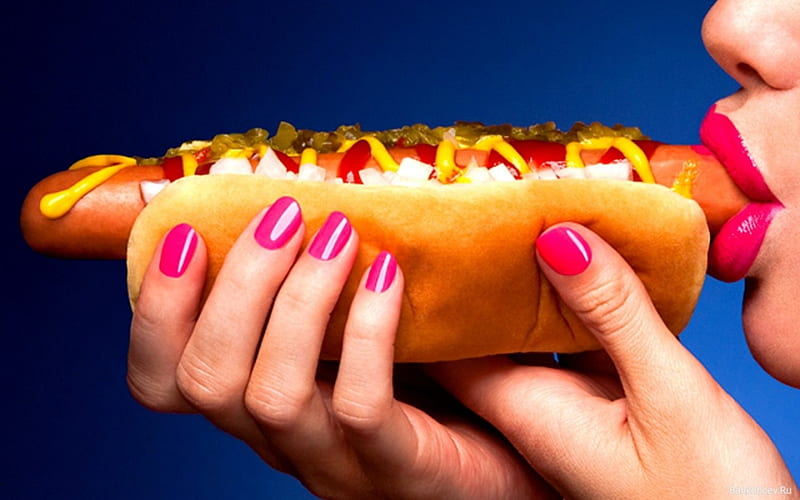 hotdog, sausage, relish, bun, hand, lips, mustard, HD wallpaper