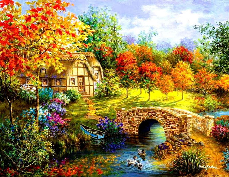 Across the River, autumn, bridge, cottage, painting, trees, HD ...