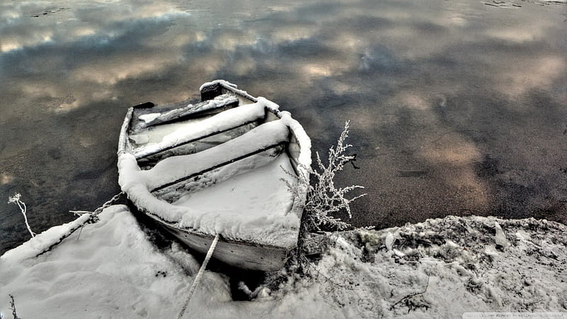 rowboat in winter, waters, shore, boat, winter, HD wallpaper