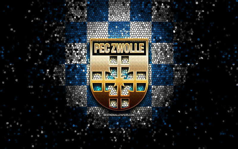 Zwolle FC, glitter logo, Eredivisie, blue white checkered background, soccer, Dutch football club, PEC Zwolle logo, mosaic art, football, PEC Zwolle, HD wallpaper