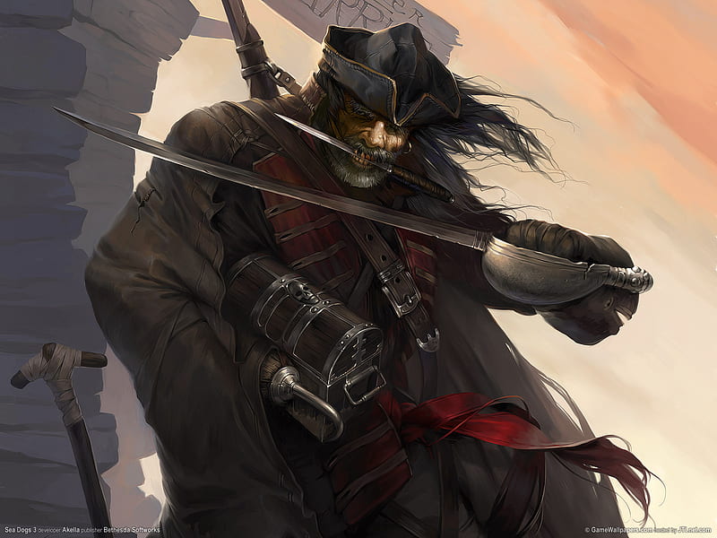 Pirate, pirates, action, sea dogs, sea dogs 3, knife, hair, fantasy, people, dagger, sword, man, adventure, captain, 3d, robbers, style, HD wallpaper