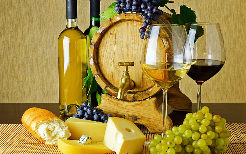 *** A lot of wine ***, wine barrel, bread, food, cheese, HD wallpaper