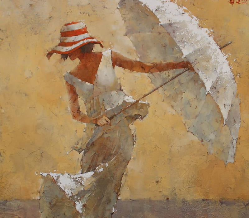 Painting, umbrella, lady, hat, HD wallpaper