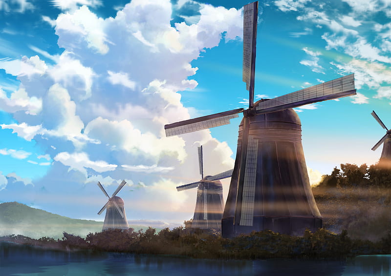 Windmill Anime Scenery , windmill, anime, artist, artwork, digital-art, HD wallpaper