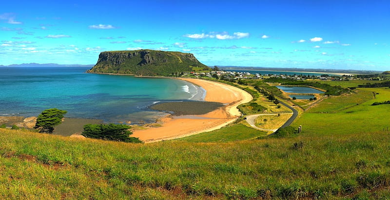 Morning At The Bay, hills, fence, grass, town, bonito, sea, beach, sand, blue sky, road, field, Tasmania, HD wallpaper