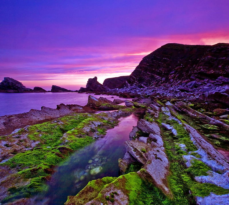 Rocks, beach, evening, landscape, mountain, purple nature, sea, sunset, HD wallpaper