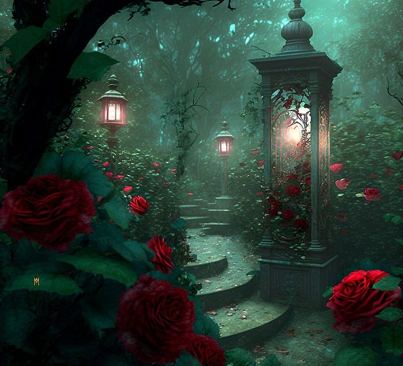 Night garden, garden, lantern, marion marino, dark, night, art, rose, fantasy, red, flower, light, HD wallpaper
