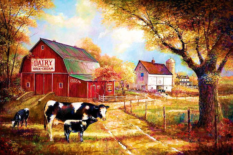 Memories On The Farm, house, cow, tree, painting, path, calves, barn, artwork, HD wallpaper