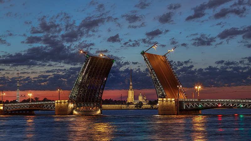 City Palace Bridge River Russia Saint Petersburg Under Black Blue Sky Travel, HD wallpaper