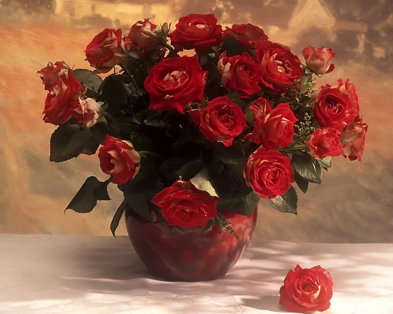Bouquet of red roses in a vase, red, bouquet, painting, flowers, roses ...
