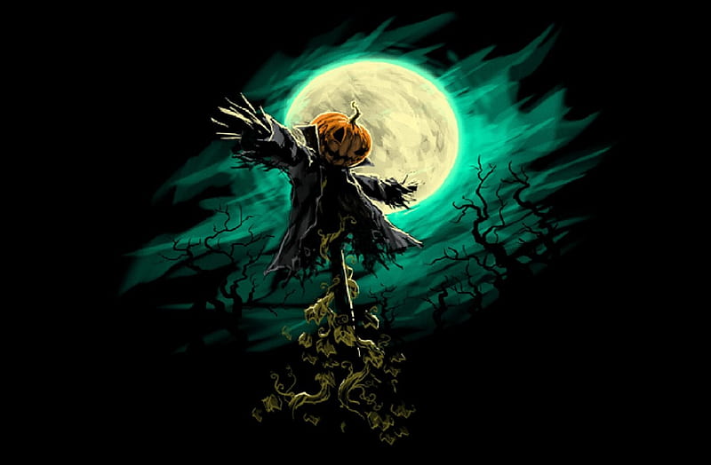 The Scarecrow, moon, scarecrow, trees, pumpkin, HD wallpaper