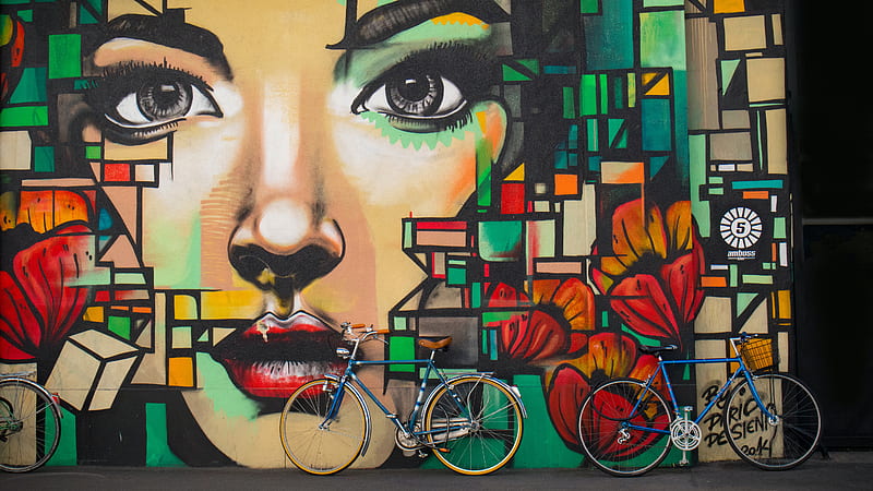 3D Two Blue Cruiser Bicycles On Graffiti Wall, HD wallpaper