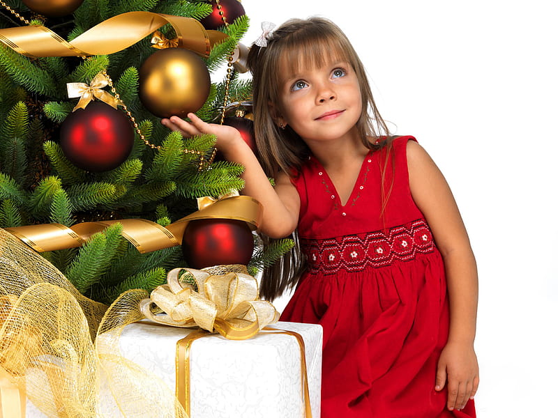 Christmas Tree, pretty, christmas balls, adorable, magic, xmas, sweet, magic christmas, hand, beauty, face, child, lovely, holiday, christmas, ribbon, golden, new year, gift, happy, cute, hands, balls, eyes, gifts, red, colorful, bow, bonito, kid, hair, ball, little girl, golden balls, colors, red balls, smile, happy new year, tree, girl, HD wallpaper